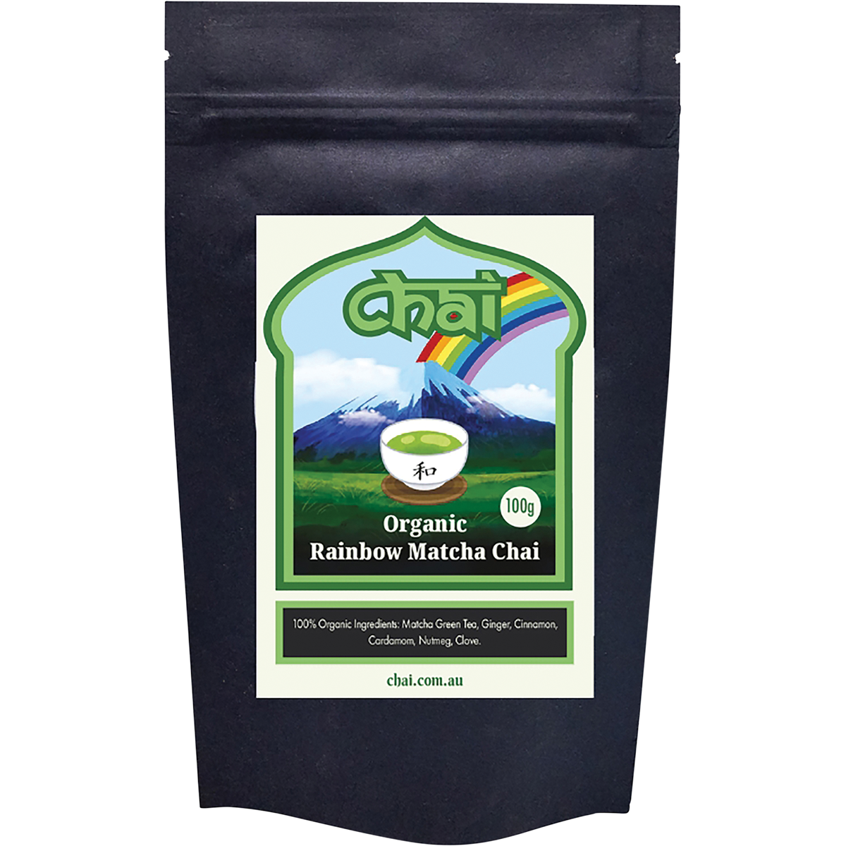 100g pouch of Chai Tea Organic Rainbow Matcha Chai with a green label and white branding.