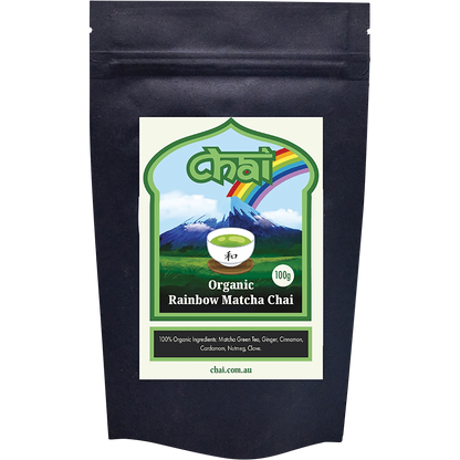 100g pouch of Chai Tea Organic Rainbow Matcha Chai with a green label and white branding.