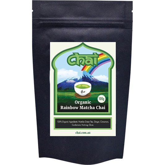 100g pouch of Chai Tea Organic Rainbow Matcha Chai with a green label and white branding.