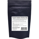 Back of a 100g Chai Tea Organic Rainbow Matcha Chai pouch showing ingredients, barcode, and product details.