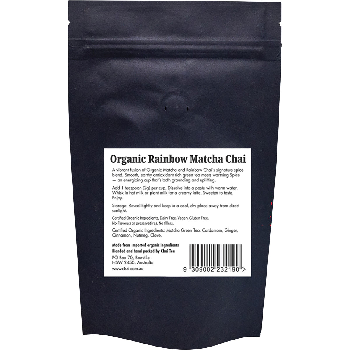 Back of a 100g Chai Tea Organic Rainbow Matcha Chai pouch showing ingredients, barcode, and product details.