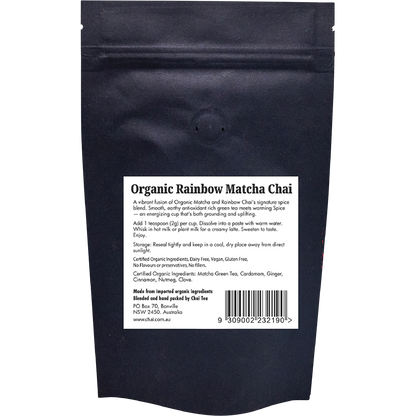 Back of a 100g Chai Tea Organic Rainbow Matcha Chai pouch showing ingredients, barcode, and product details.