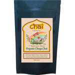 100g bag of Organic Chaga Chai 7 Mushroom Blend featuring a dark label with botanical and mushroom illustrations.
