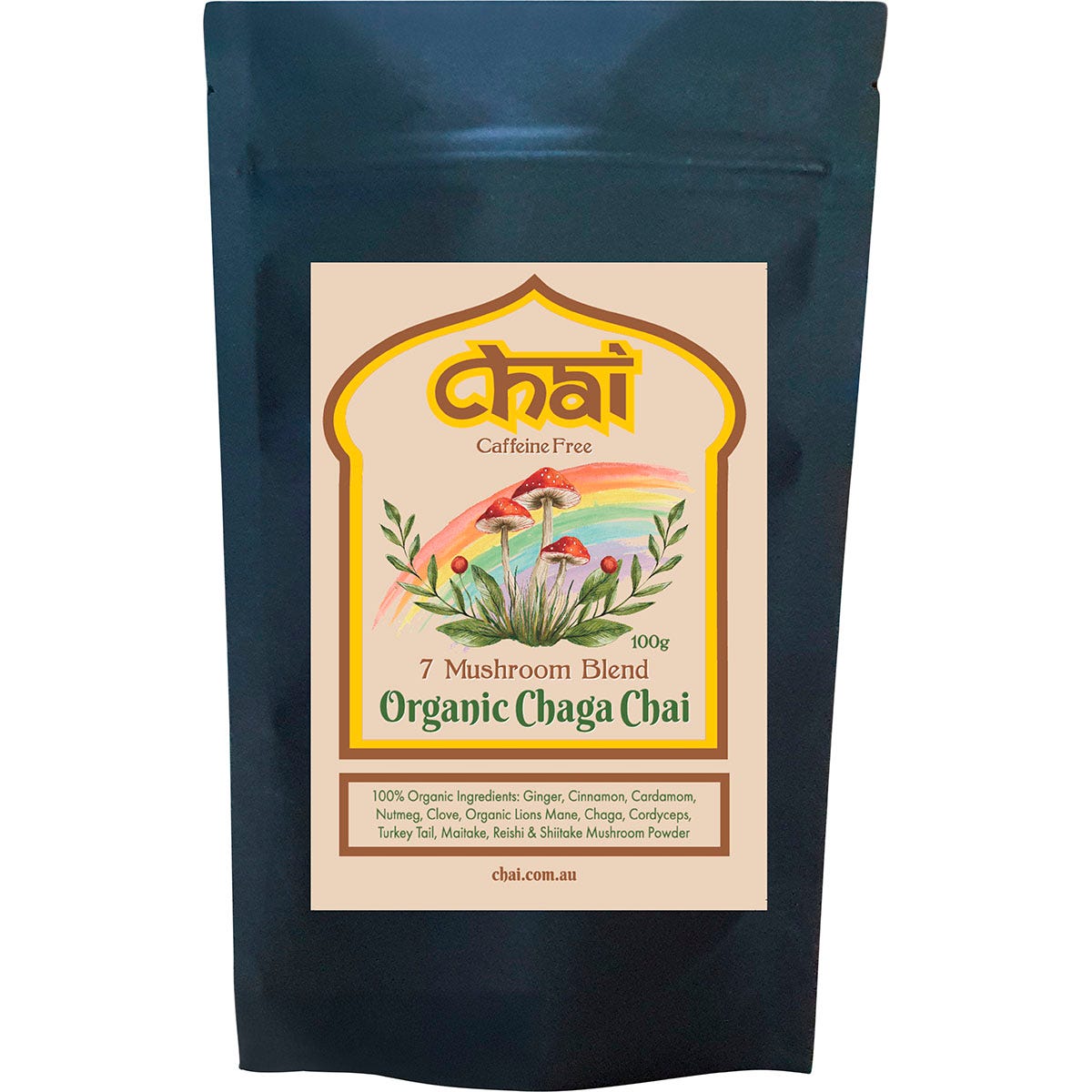 100g bag of Organic Chaga Chai 7 Mushroom Blend featuring a dark label with botanical and mushroom illustrations.