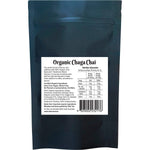 Back of Organic Chaga Chai 7 Mushroom Blend bag showing directions, ingredients list, and nutritional information.