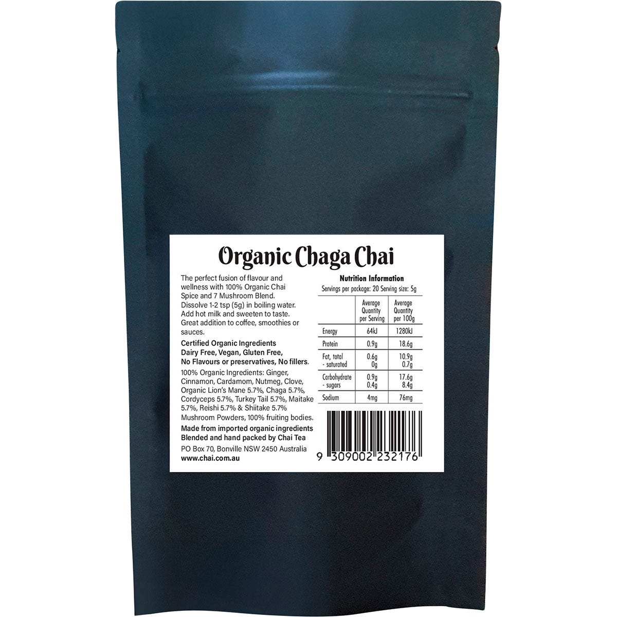 Back of Organic Chaga Chai 7 Mushroom Blend bag showing directions, ingredients list, and nutritional information.