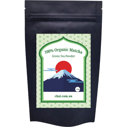 Chai Tea 100g 100% Organic Matcha Green Tea Powder resealable pouch on a white background.