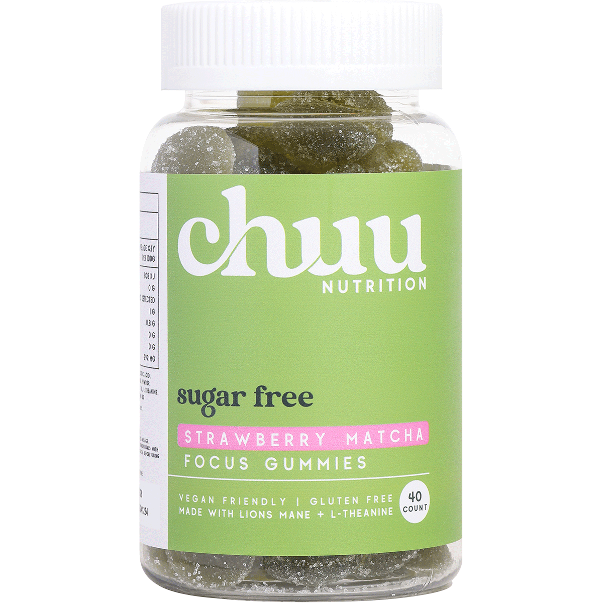 Bottle of Chuu Strawberry Matcha Focus Gummies with organic matcha and Lion's Mane on a clean background.