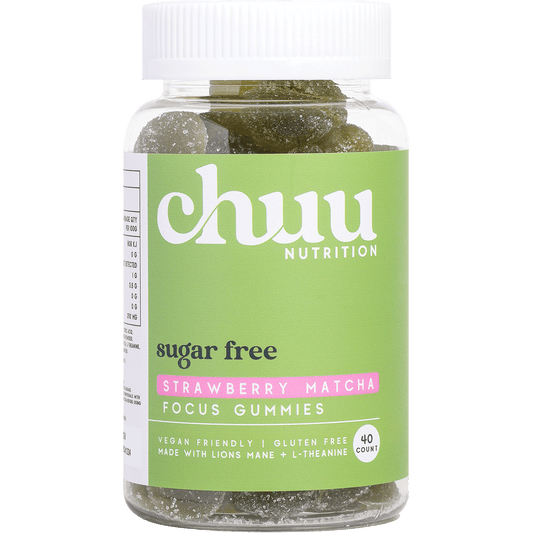 Bottle of Chuu Strawberry Matcha Focus Gummies with organic matcha and Lion's Mane on a clean background.