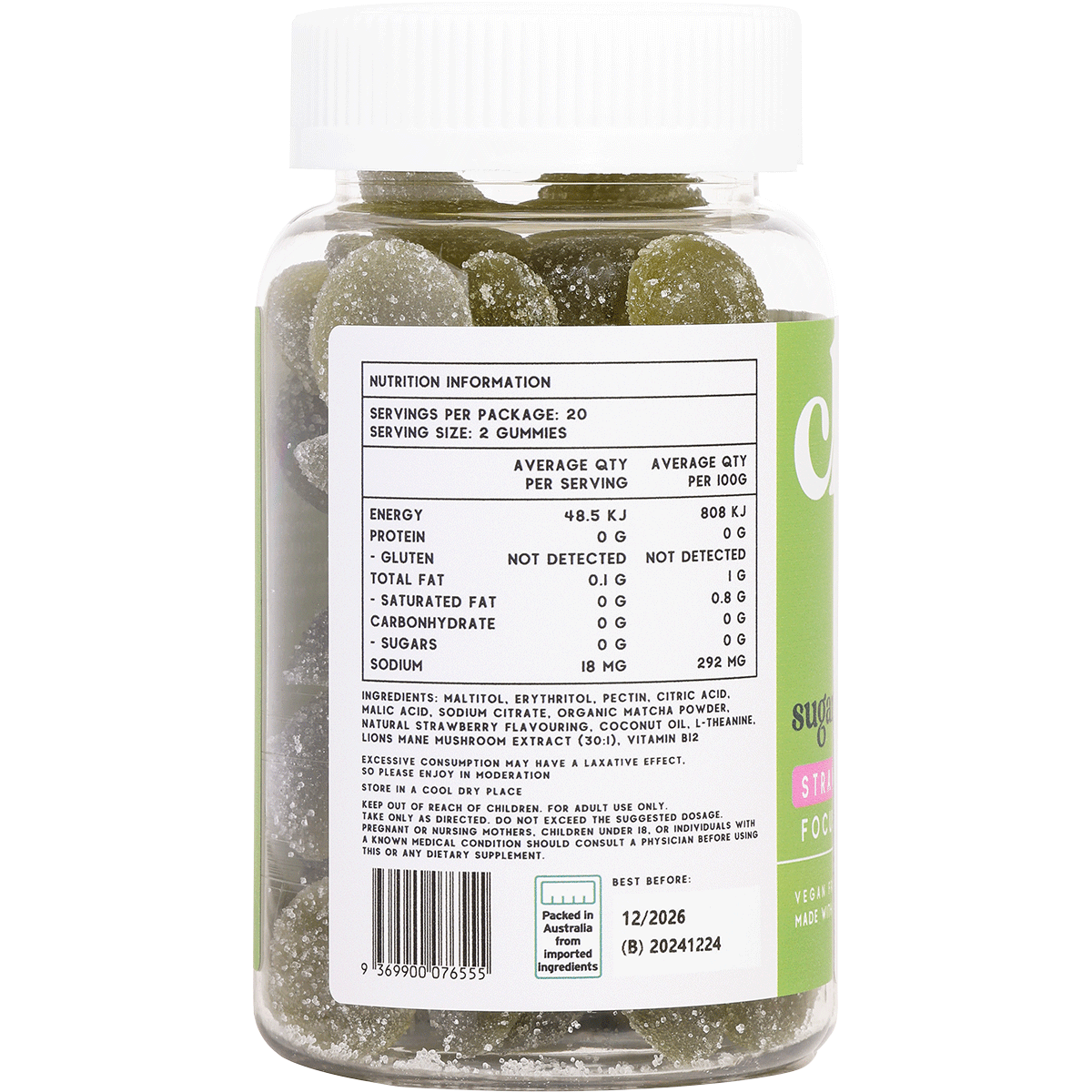 Left side of Chuu Strawberry Matcha Focus Gummies bottle showing nutrition facts and ingredients on a pink and green label.