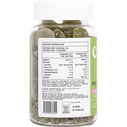 Left side of Chuu Strawberry Matcha Focus Gummies bottle showing nutrition facts and ingredients on a pink and green label.