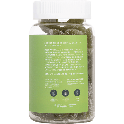 Bottle of Chuu Strawberry Matcha Focus Gummies with organic matcha and Lion's Mane, shown from a side angle.