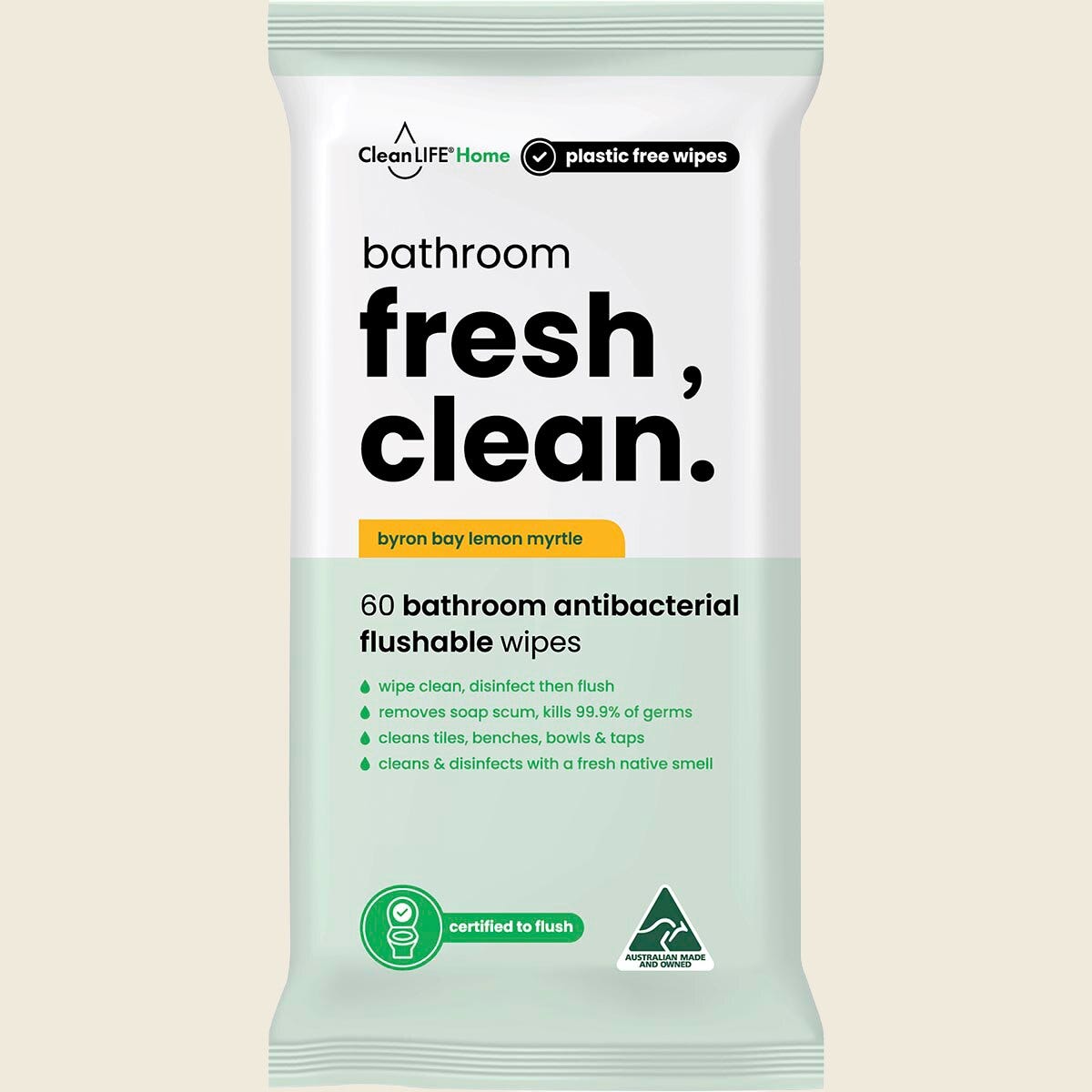 CleanLIFE Bathroom Fresh Clean flushable wipes in a 60-pack blue and white pouch with tea tree illustrations.