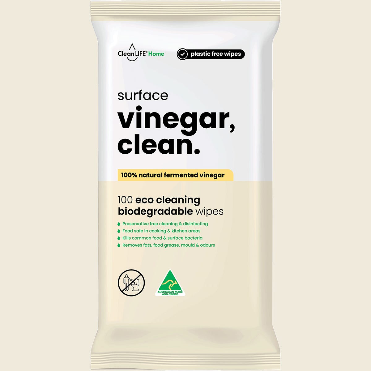 CleanLIFE Vinegar Clean Surface Wipes 100-pack in white and blue packaging with natural vinegar cleaning icons.