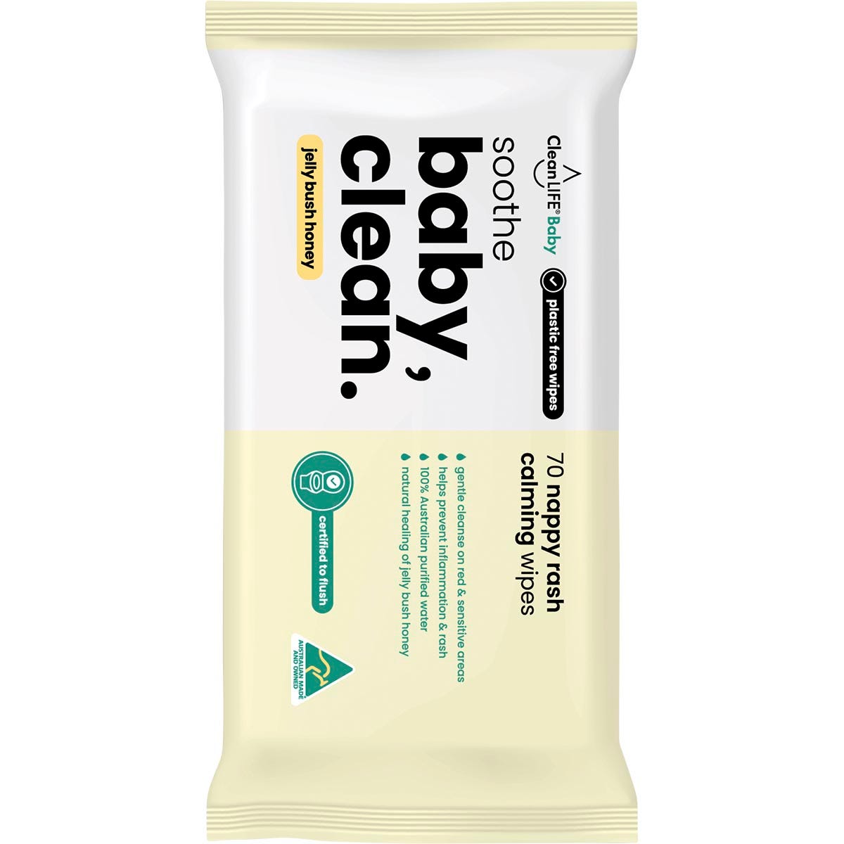 CleanLIFE Baby Clean Soothe 70 pack of flushable, plastic-free wipes with aloe vera and vitamin E.