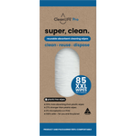 CleanLIFE Super Clean 85-pack reusable cleaning wipes in a blue and white bag on a white background.