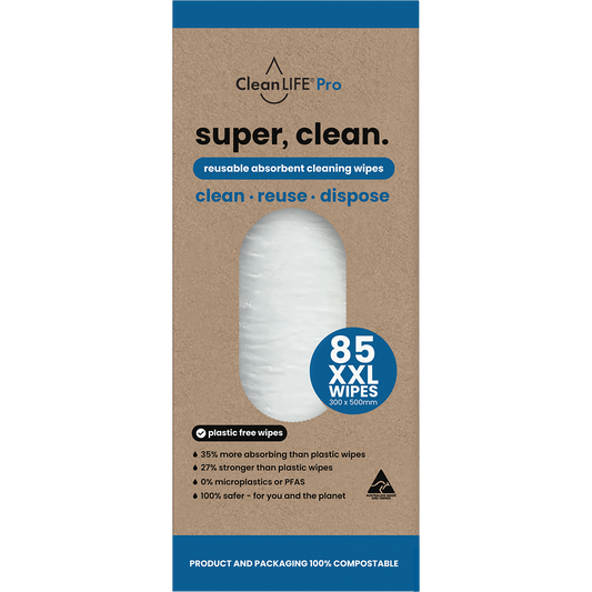CleanLIFE Super Clean 85-pack reusable cleaning wipes in a blue and white bag on a white background.