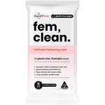 25-pack of CleanLIFE Fem Clean Intimate Flushable Wipes in a white and pink resealable pouch.