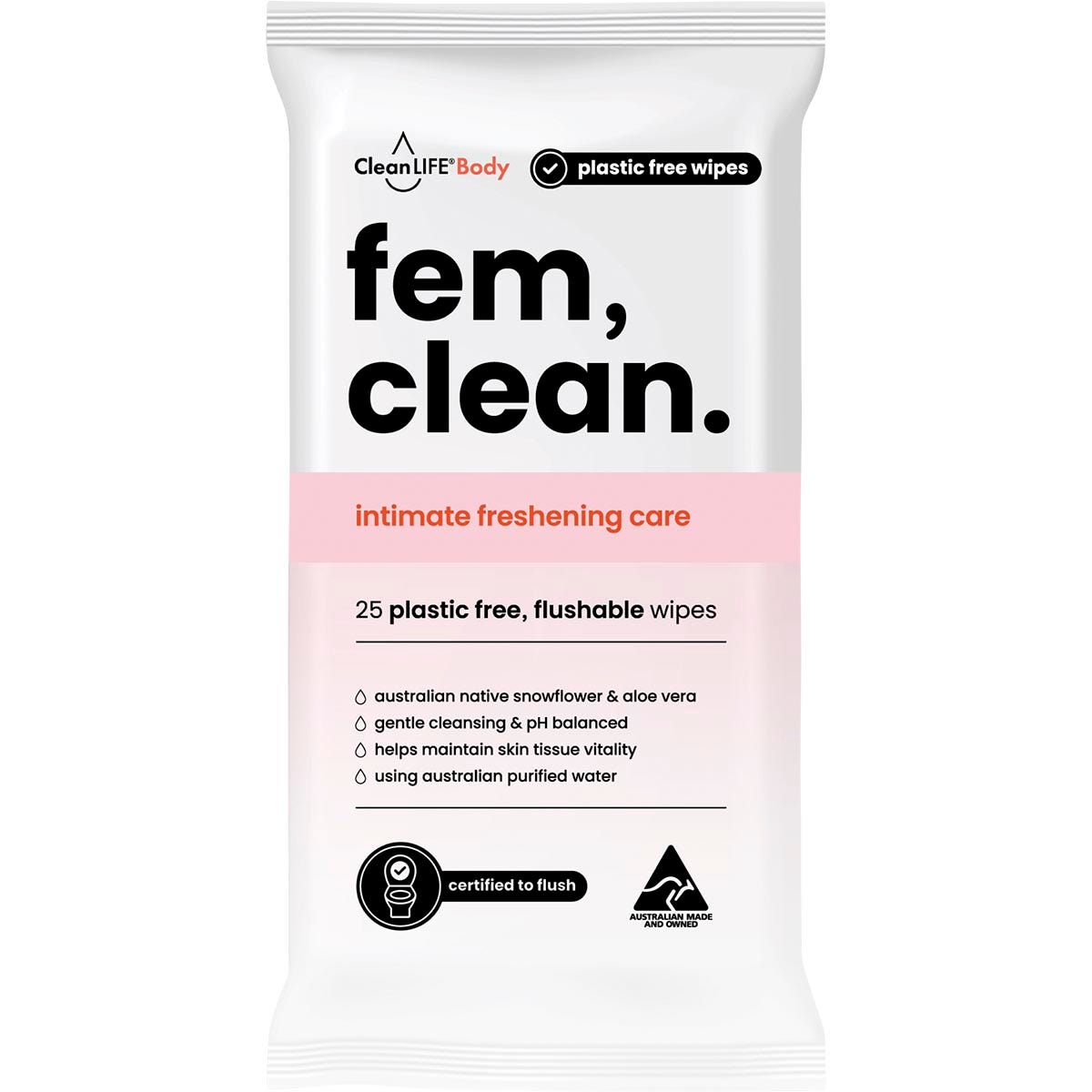 25-pack of CleanLIFE Fem Clean Intimate Flushable Wipes in a white and pink resealable pouch.