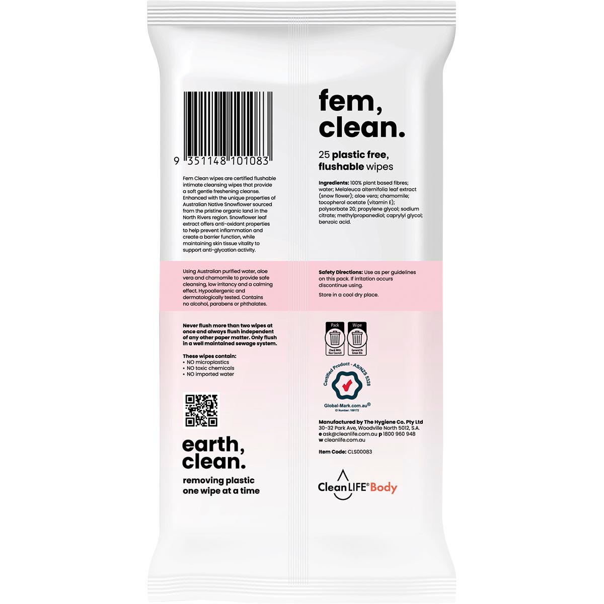 Back of a CleanLIFE Fem Clean 25-pack wipe pouch showing product information, directions, and ingredients.
