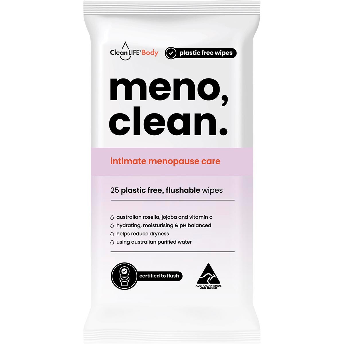 25 pack of CleanLIFE Meno Clean flushable, plastic-free wipes for intimate cleansing during menopause.