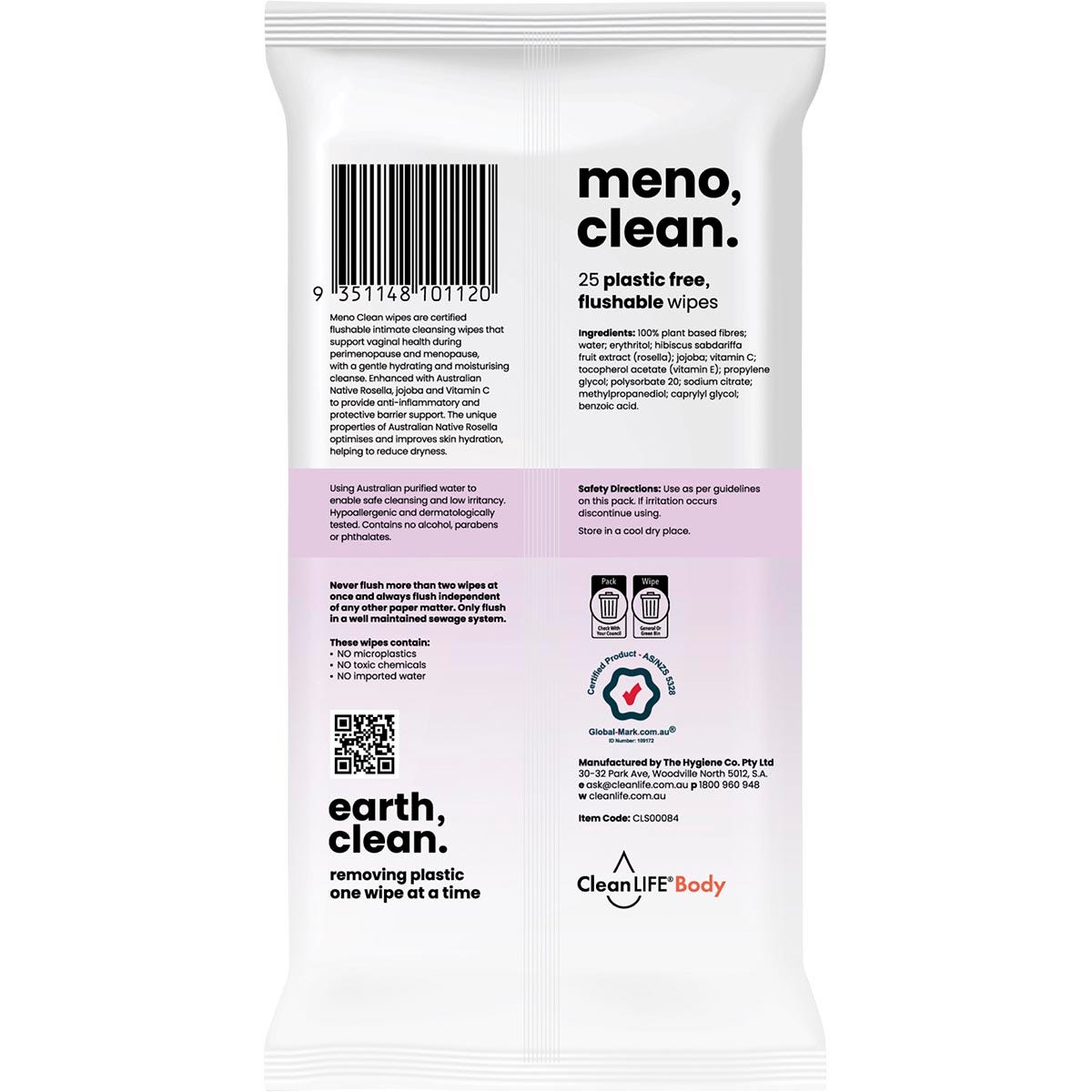 CleanLIFE Meno Clean Wipes Flushable Plastic Free Wipes 25 Pack