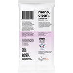 Back of CleanLIFE Meno Clean 25-pack showing directions and ingredients for flushable, plastic-free wipes.