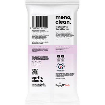 CleanLIFE Meno Clean Wipes Flushable Plastic Free Wipes 25 Pack