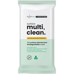 Pack of 100 CleanLIFE Surface Multi Clean Wipes in a white and green resealable pouch with lemon myrtle illustrations.