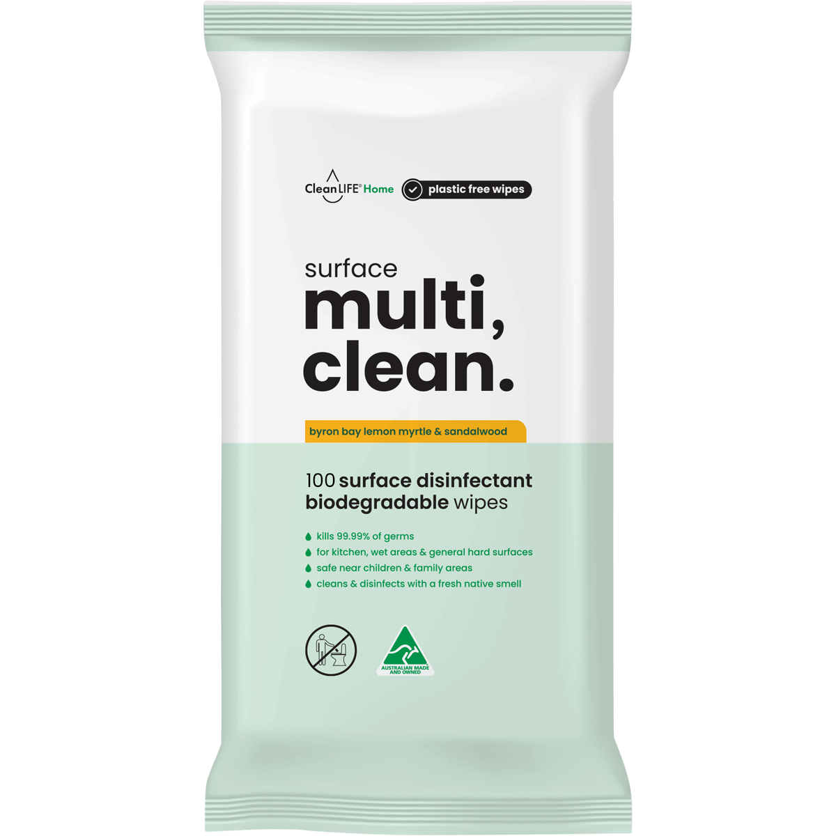 Pack of 100 CleanLIFE Surface Multi Clean Wipes in a white and green resealable pouch with lemon myrtle illustrations.