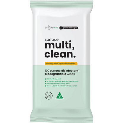 Pack of 100 CleanLIFE Surface Multi Clean Wipes in a white and green resealable pouch with lemon myrtle illustrations.
