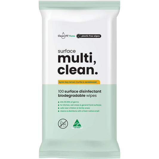 Pack of 100 CleanLIFE Surface Multi Clean Wipes in a white and green resealable pouch with lemon myrtle illustrations.