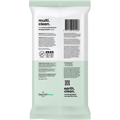 Back of CleanLIFE Multi Clean Wipes pack showing directions, ingredients, and Australian made logo.