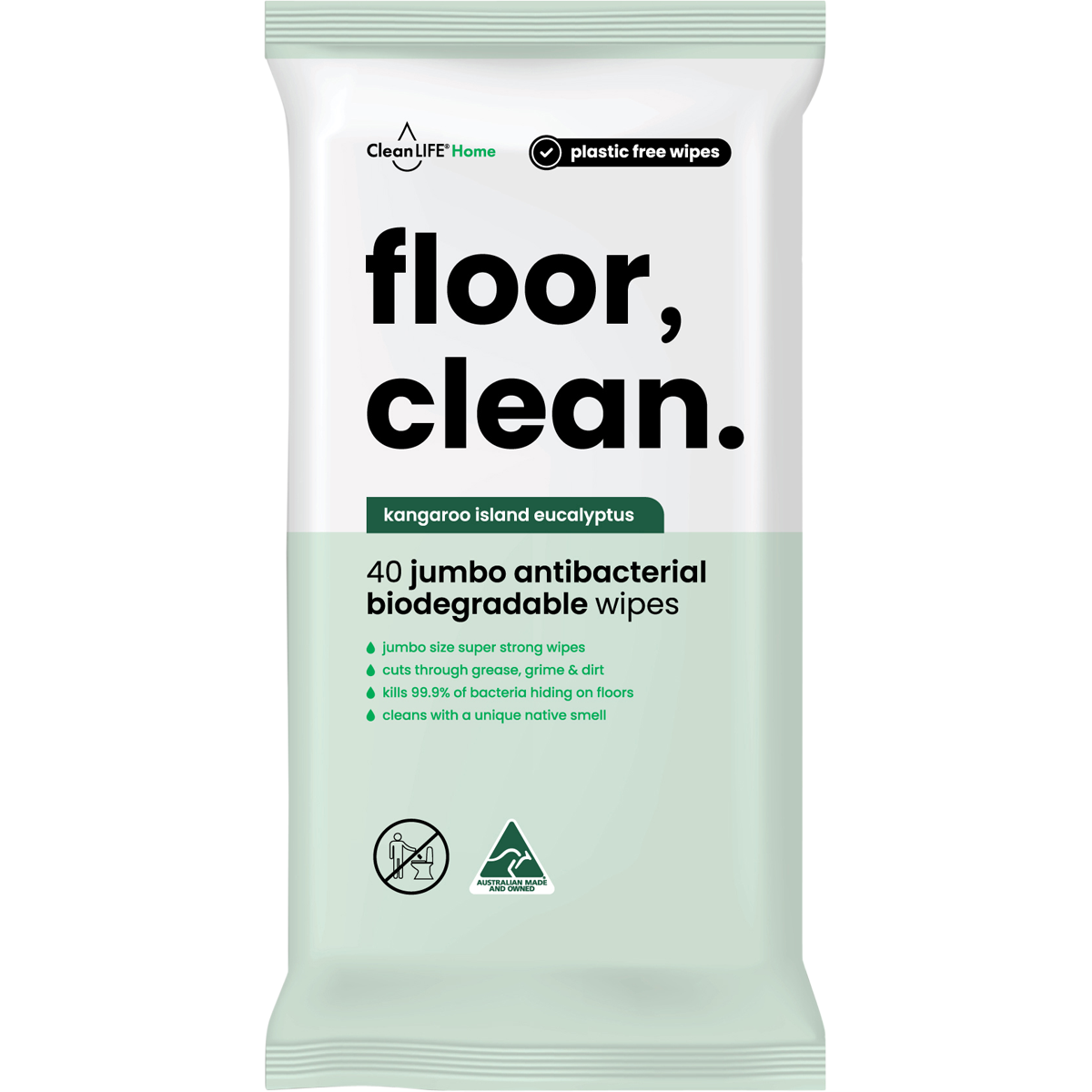 CleanLIFE Floor Clean Wipes 40 Pack featuring a blue resealable pouch with eucalyptus and Australian made logos.
