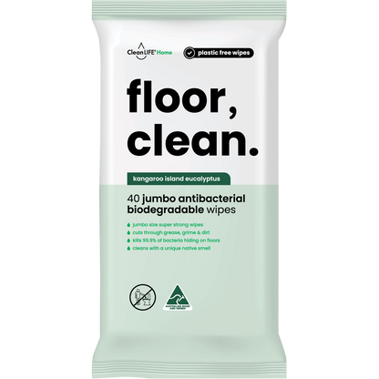 CleanLIFE Floor Clean Wipes 40 Pack featuring a blue resealable pouch with eucalyptus and Australian made logos.