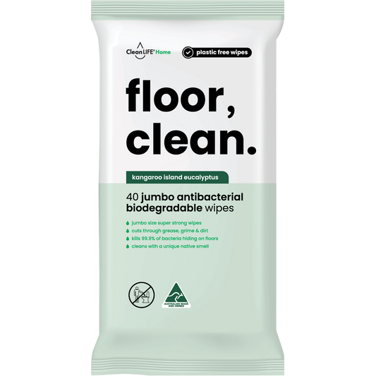 CleanLIFE Floor Clean Wipes 40 Pack featuring a blue resealable pouch with eucalyptus and Australian made logos.