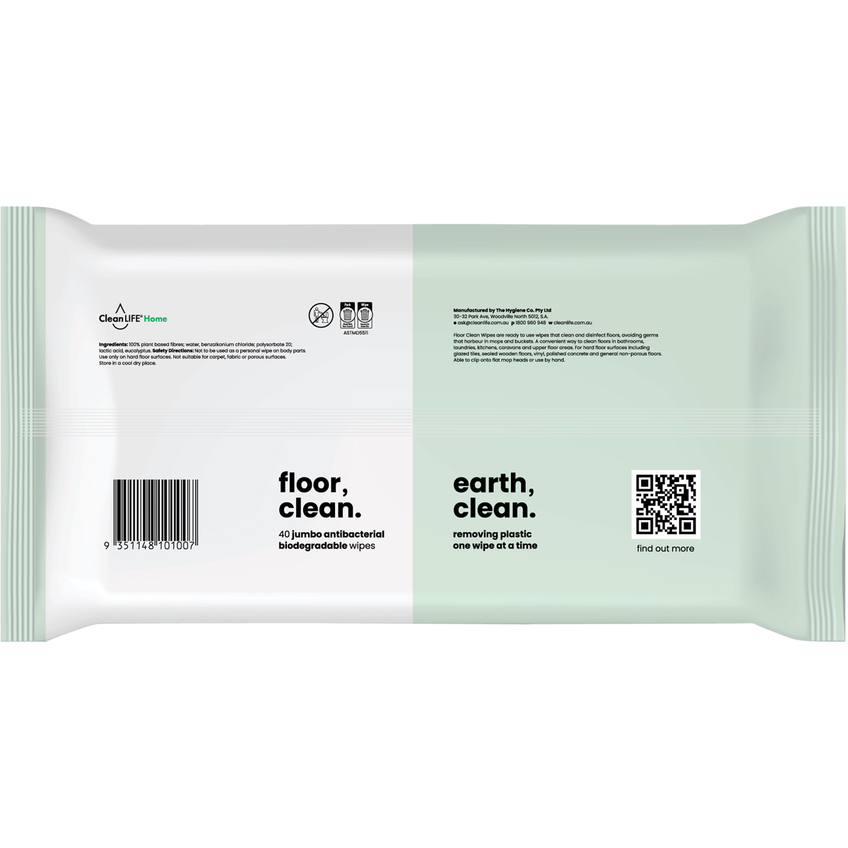 Back of CleanLIFE Floor Clean Wipes 40 Pack showing usage instructions and Australian made logo.