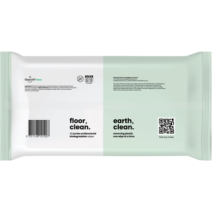 Back of CleanLIFE Floor Clean Wipes 40 Pack showing usage instructions and Australian made logo.