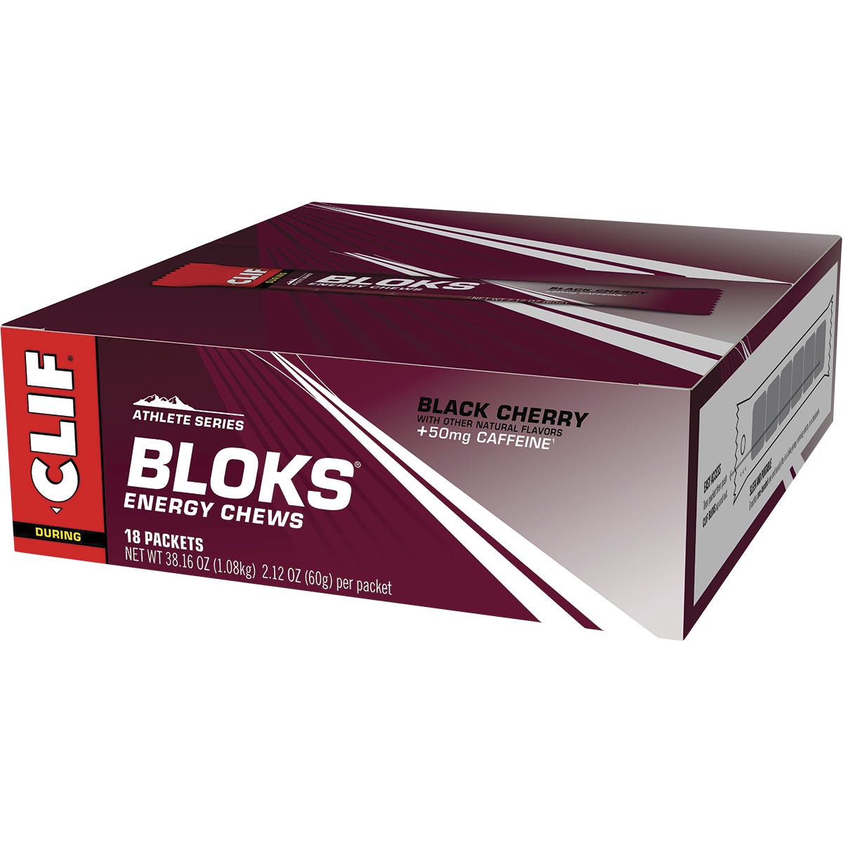 Back of CLIF Bloks Black Cherry Energy Chews 18-pack box with nutrition facts, ingredients, and product information.