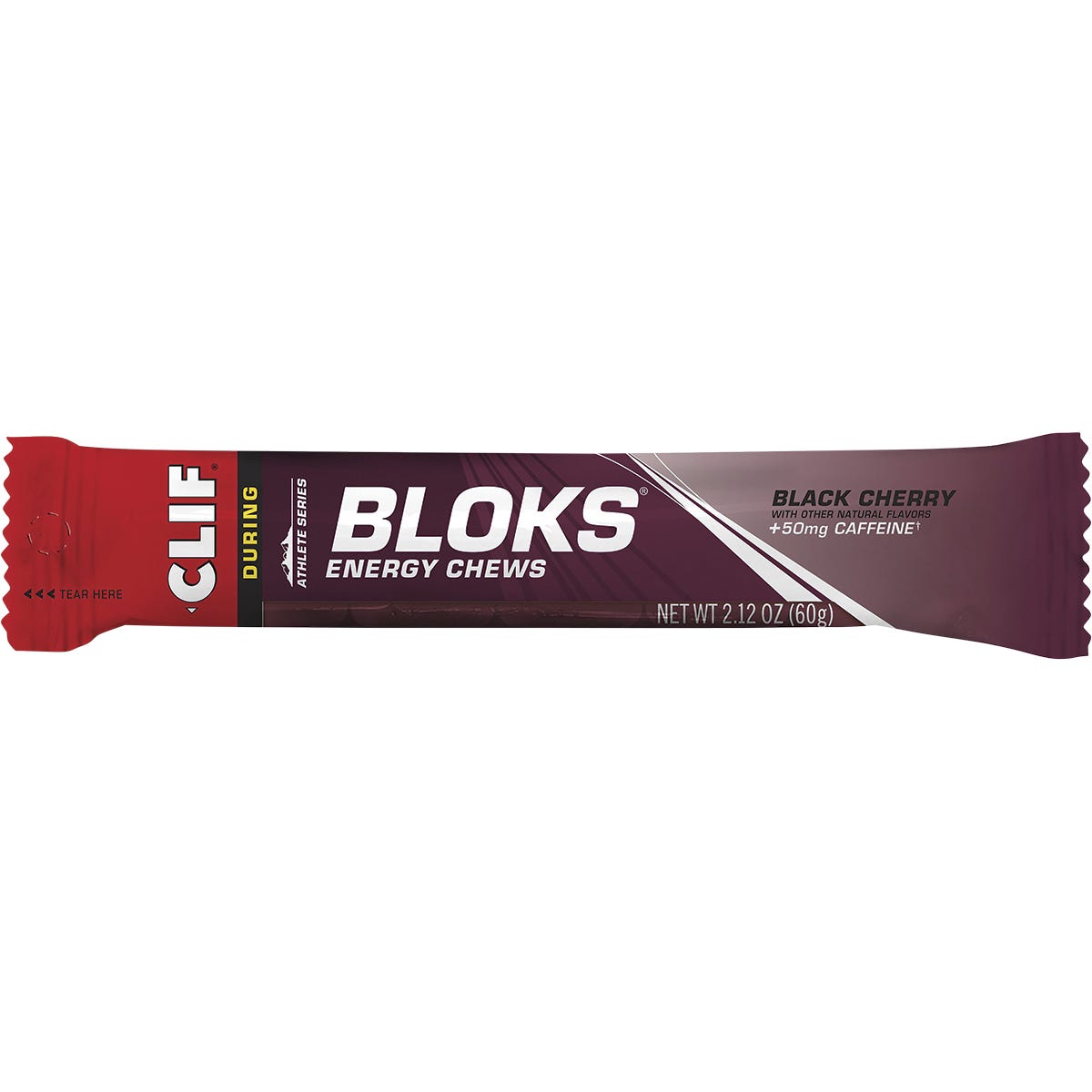 CLIF Bloks Energy Chews in Black Cherry flavor with 50mg caffeine in a single 60g packet.