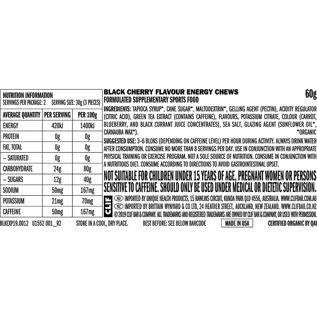 Side view of CLIF Bloks Black Cherry Energy Chews box showing product features and 50mg caffeine per serving.