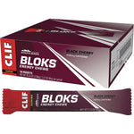18-pack box of CLIF Bloks Energy Chews in Black Cherry flavor with 50mg caffeine on a white background.