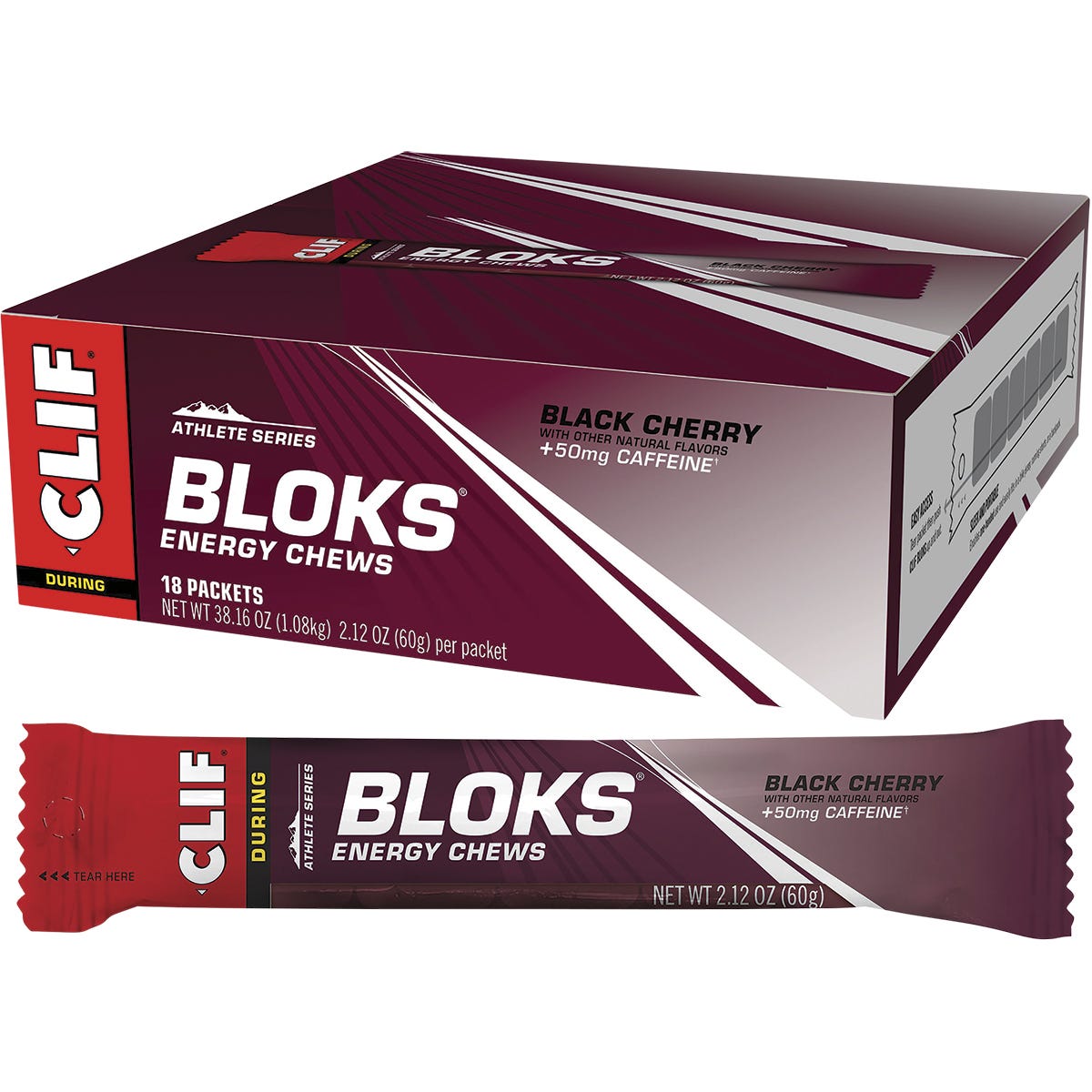 18-pack box of CLIF Bloks Energy Chews in Black Cherry flavor with 50mg caffeine on a white background.