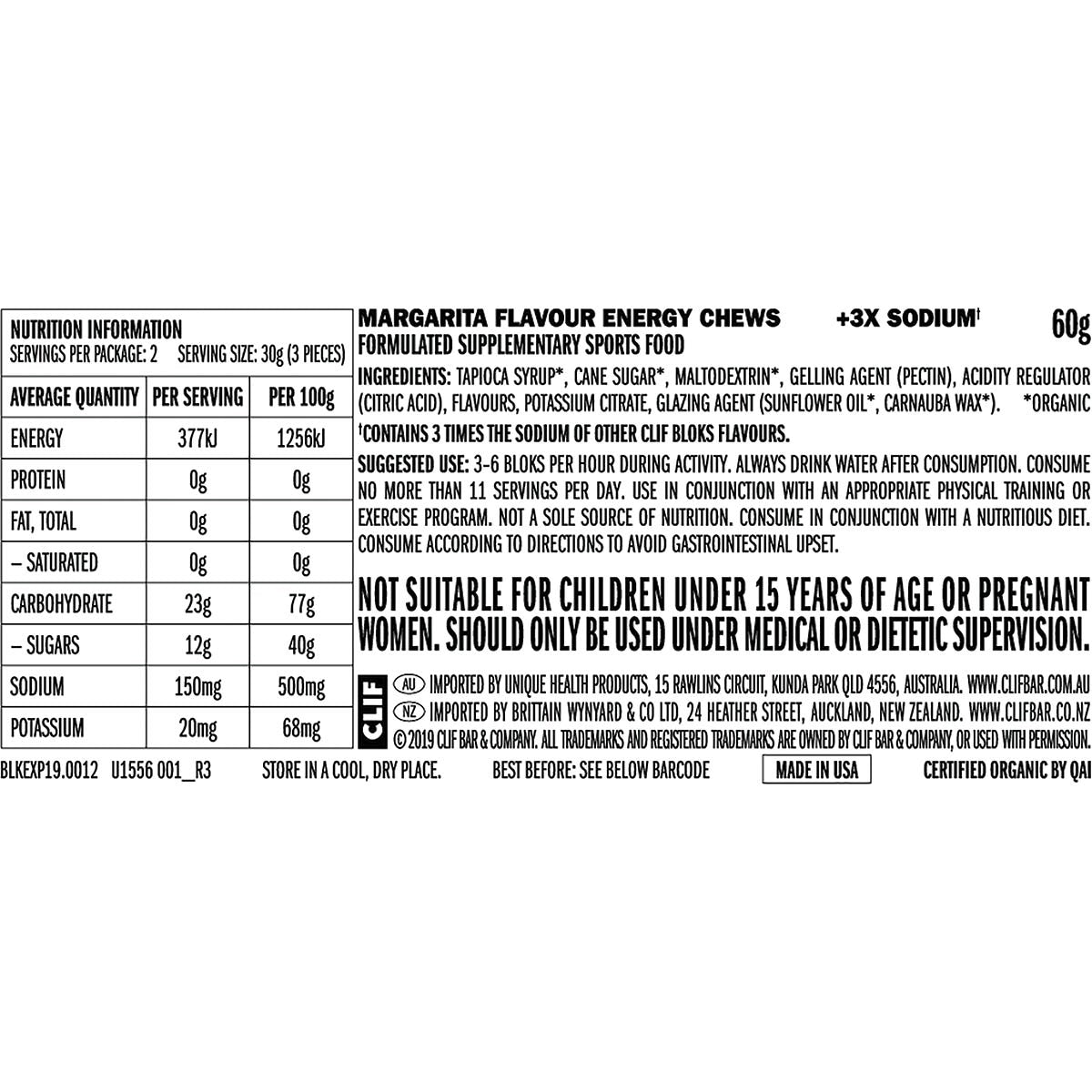 CLIF Bloks Energy Chews Margarita 150mg Sodium 60g (Pack of 18) Payless 4 Organics