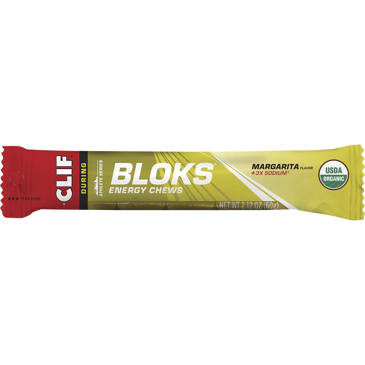 CLIF Bloks Margarita energy chews 60g packet featuring 150mg sodium for electrolyte replacement and energy.