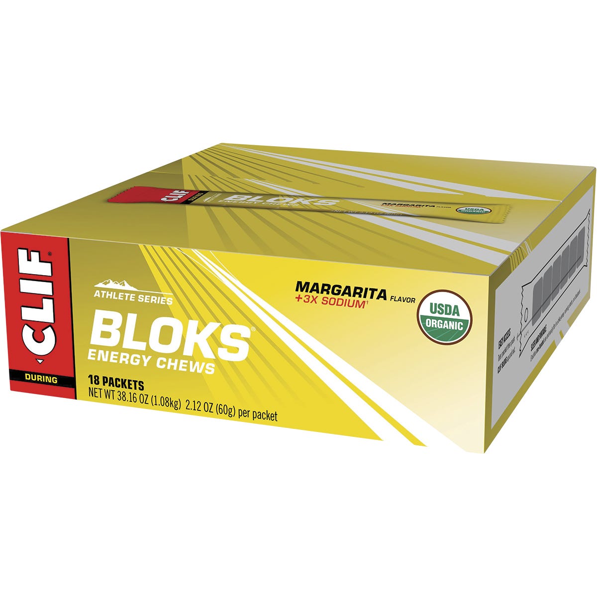 Back of CLIF Bloks Margarita Energy Chews pack with nutrition facts, 150mg sodium, and 90 calories per serving.
