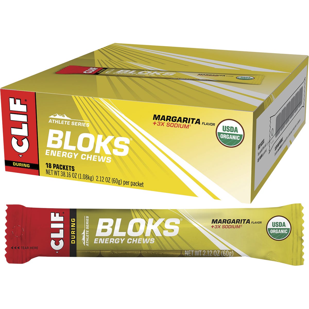 CLIF Bloks Energy Chews Margarita 60g pack with 150mg sodium for electrolytes and energy support.