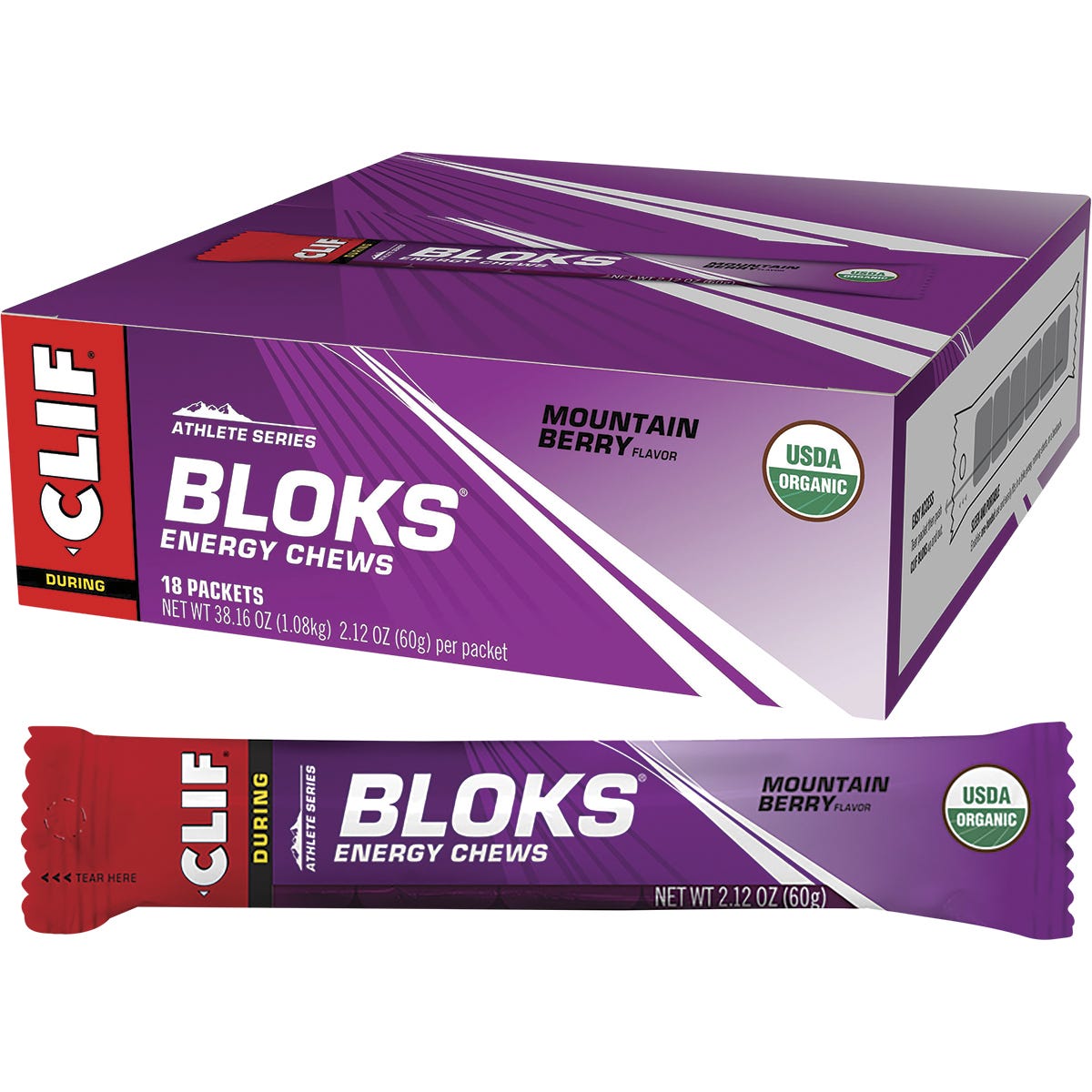 Box of 18 CLIF Bloks Mountain Berry energy chew packets with a sample chew and mountain biking imagery.