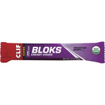 CLIF Bloks Mountain Berry energy chew 60g packet featuring mountain biking imagery on a purple wrapper.