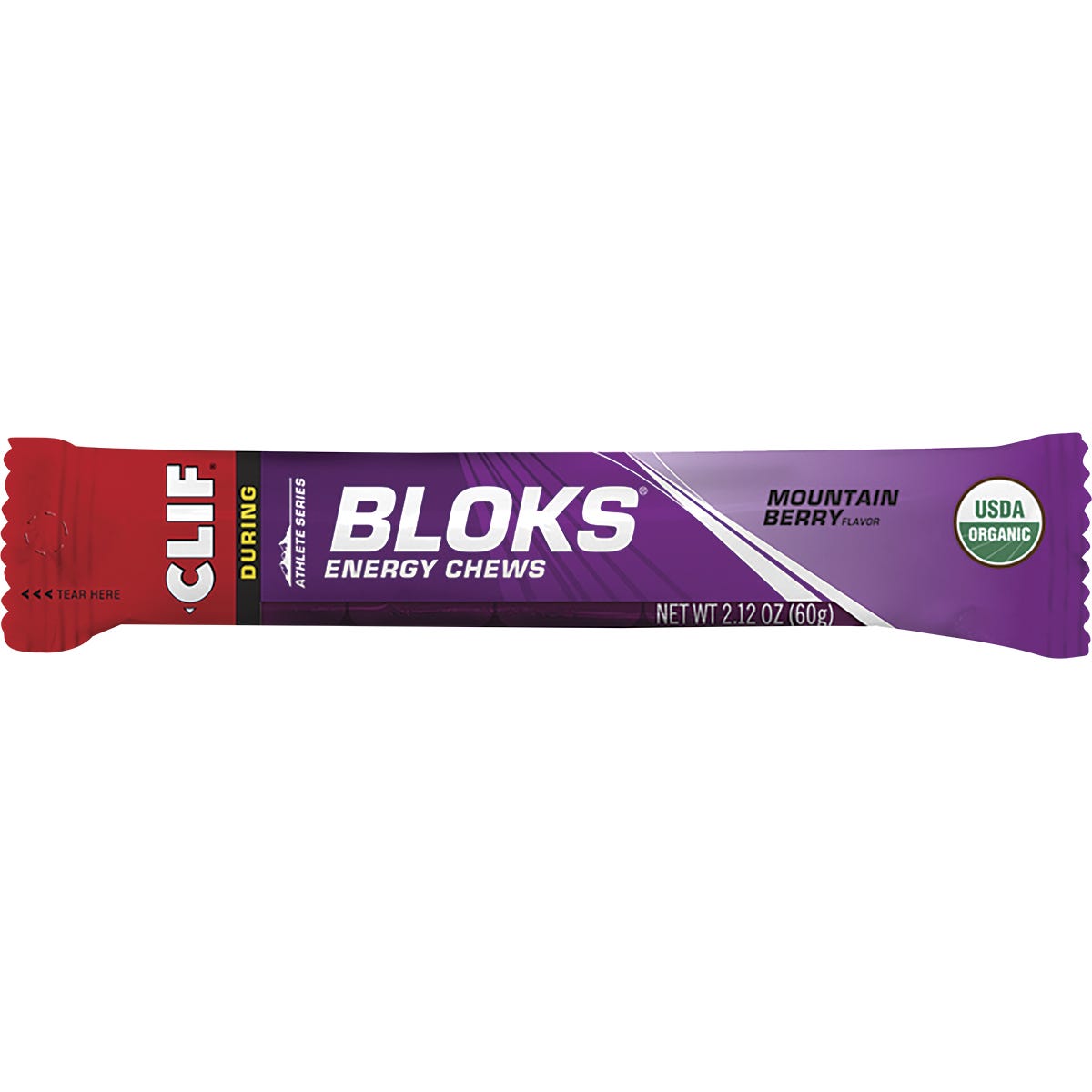 CLIF Bloks Mountain Berry energy chew 60g packet featuring mountain biking imagery on a purple wrapper.